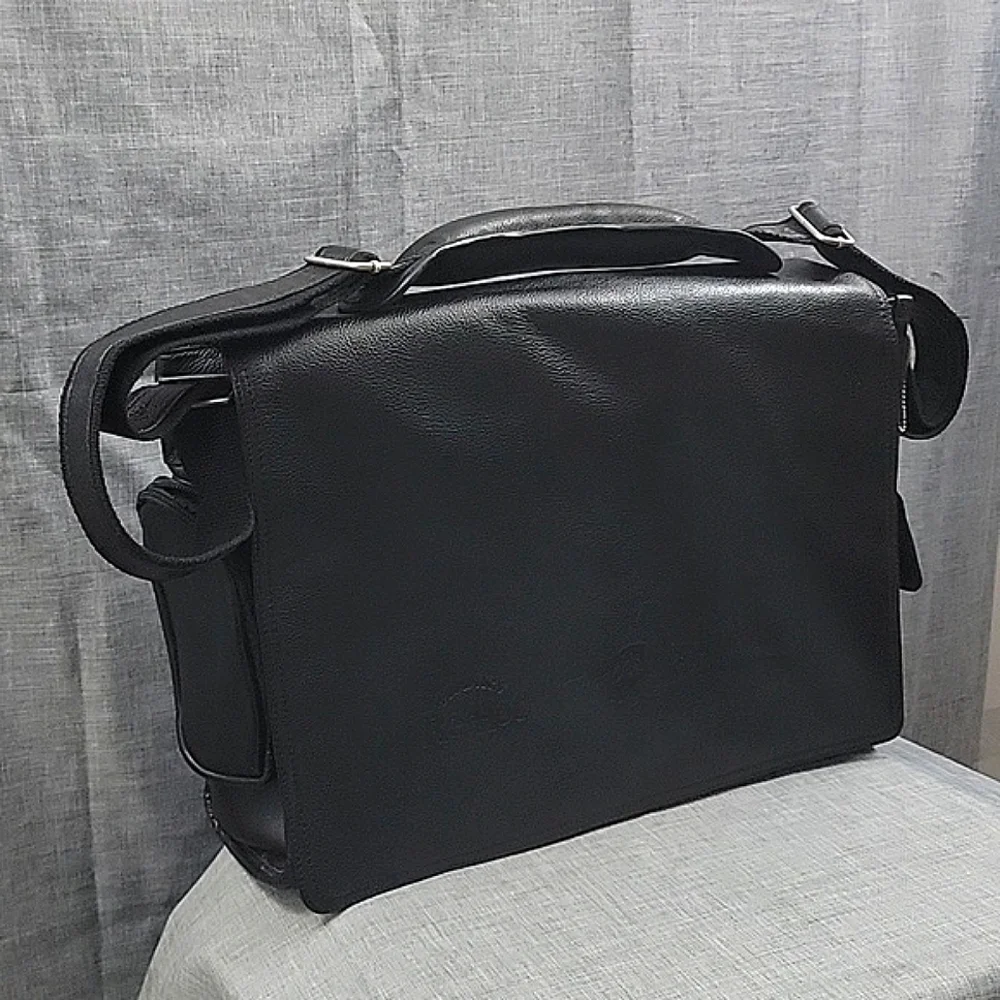 Bellino Black Leather Messenger Laptop Bag Briefcase w/ logos, office bag